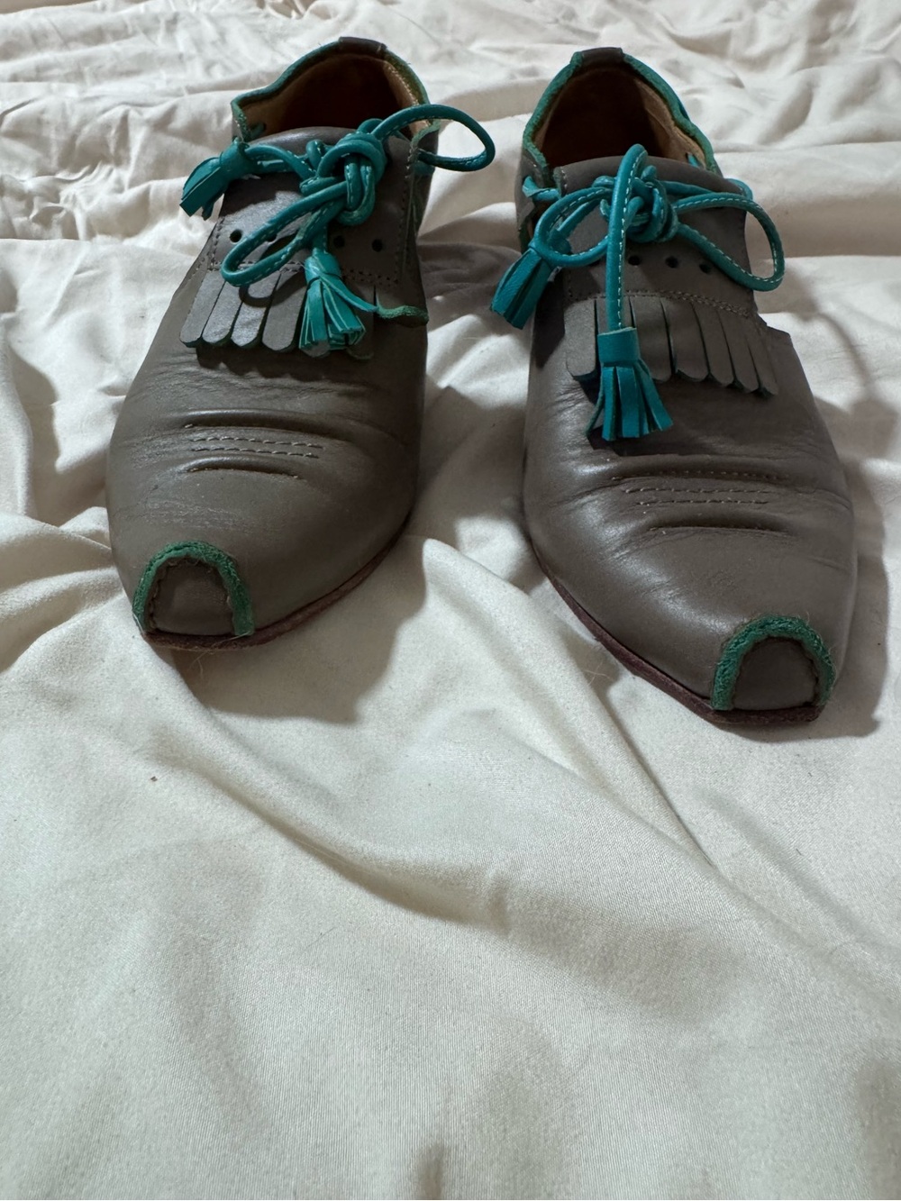 Fluevog Women's Taupe Leather Fringe Oxfords with Teal Accents